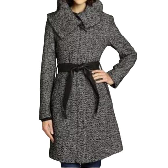 Cole Haan Jackets & Blazers - Cole Haan Womens Black & White Wool Blend Leather Trim Tweed Coat Size 10